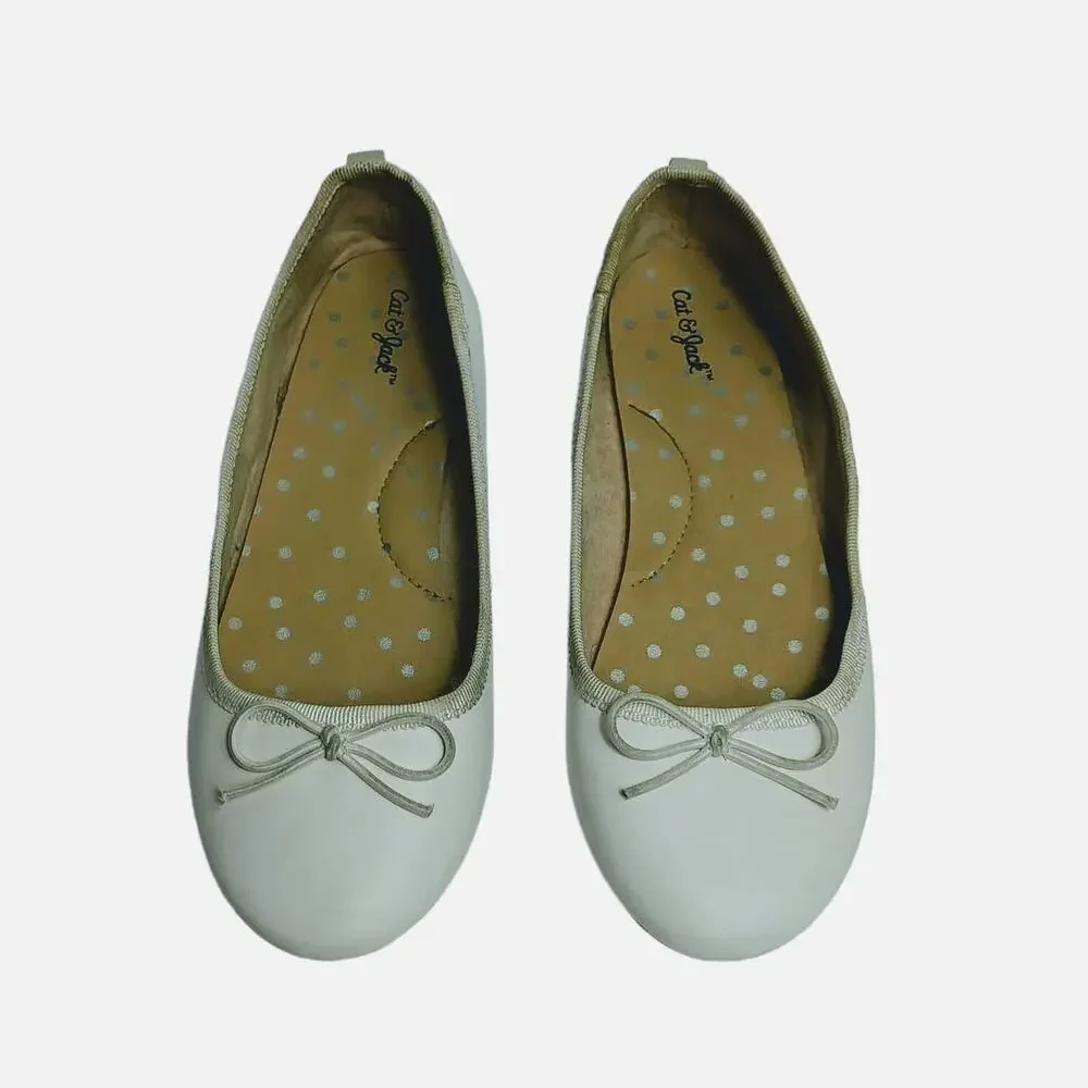 CAT & JACK Girls White Slip-On Ballet Flats Shoes with Bow Pull Tab Size 1